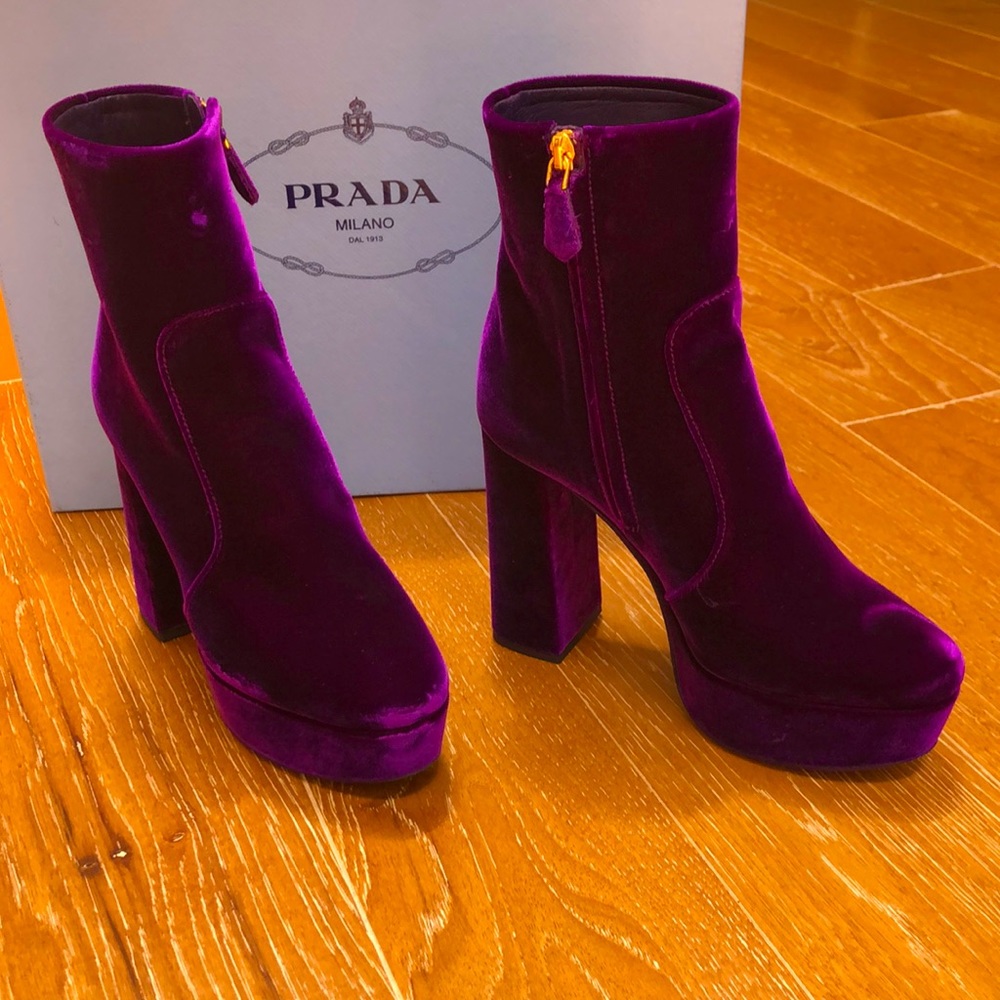 Prada Velvet 115 Magenta Platform Ankel Boots - 6 - Picture 3 of 15